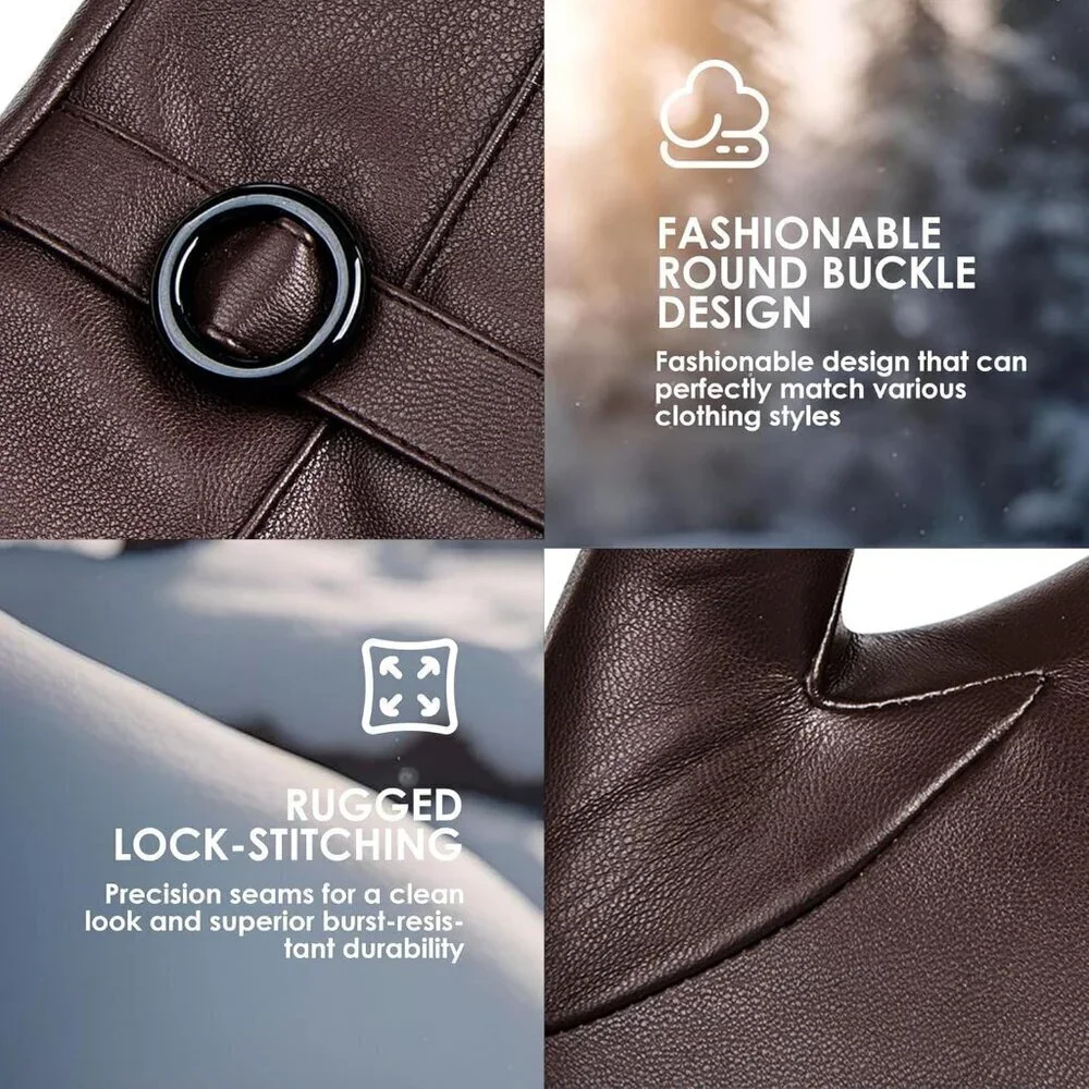 Women's Winter Leather Gloves Texting Warm Driving Lambskin Gloves Brown